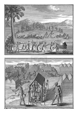 Téléchargez les photos : Rites funéraires en Guinée, Bernard Picart (atelier de), 1723 Feuille avec deux représentations de rites funéraires en Guinée. - en image libre de droit