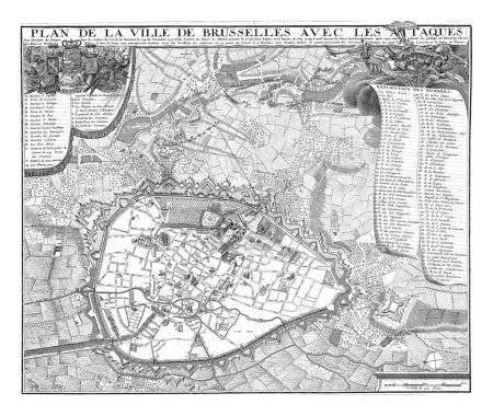 Foto de Asedio fallido de Bruselas por los franceses, 1708, Jacobus Harrewijn, 1708 - 1709 Mapa de Bruselas, sitiado infructuosamente por los franceses bajo Maximiliano Elector de Baviera, 24 de noviembre de 1708. - Imagen libre de derechos