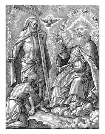 Foto de Santísima Trinidad, Jerónimo Wierix, 1563 - antes de 1619 Un hombre se arrodilla ante la Santísima Trinidad en el cielo. Dios el Padre lo bendice. Su cabeza está rodeada de rayos y un nimbo de querubines. - Imagen libre de derechos