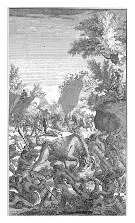 Téléchargez les photos : Khoi à la guerre, Abraham Zeeman, 1727 Khoi faire la guerre. Au milieu marche un taureau rugissant blessé. - en image libre de droit