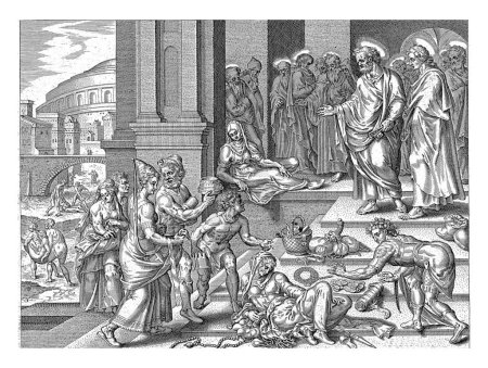 Téléchargez les photos : Ananias et Sapphira, anonymes, d'après Philips Galle, d'après Maarten van Heemskerck, 1646 Pierre réprimande Ananias et Sapphira, qui avaient caché une partie de leurs possessions - en image libre de droit