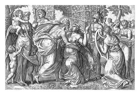 Foto de Abrazo de novia y novio, Johannes Wierix (posiblemente), después de Gerard van Groeningen, 1574 El novio (Christus) abraza a su novia arrodillada (Sponsa) frente a un arco de rosas en un jardín. - Imagen libre de derechos