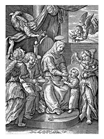 Téléchargez les photos : Marie nourrissant le Christ Enfant, Antonie Wierix (III) (attribué à), d'après Hieronymus Wierix, 1563 - avant 1619 Marie nourrissant le Christ Enfant debout devant elle. - en image libre de droit