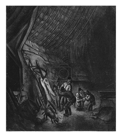 Téléchargez les photos : L'abattage d'un cochon, Jan de Groot, d'après Adriaen van Ostade, 1698-1776 Dans une grange, un homme désobéit à un cochon. Deux chiffres regardent. - en image libre de droit