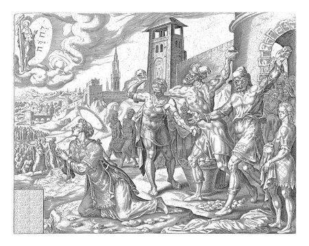 Foto de Lapidación de Stephen, Harmen Jansz Muller, después de Maarten van Heemskerck, 1564 - 1568 Stephen es apedreado hasta la muerte fuera de la puerta de la ciudad. A la derecha está Saúl con las capas de los que tiran piedras. - Imagen libre de derechos