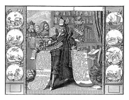Téléchargez les photos : L'apaiseur italien, Monogrammiste WR, 1704 - 1708 Allégorie avec le devin italien montrant des recettes pour guérir la maladie française. - en image libre de droit