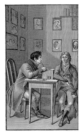 Foto de Dibujo autorretrato de Christoph Wilhelm Bock, Christoph Wilhelm Bock, 1803 Christoph Wilhelm Bock se sienta en un atril y dibuja el retrato de un hombre sentado frente a él. - Imagen libre de derechos