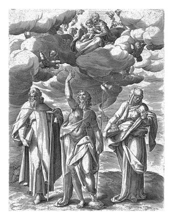 Téléchargez les photos : Paysage avec trois saints, Crispijn van de Passe (I), d'après Bartholomeus Spranger, 1574 - 1637 Paysage avec saint Antoine d'Égypte avec son cochon, Jean-Baptiste et saint Elisabet. - en image libre de droit