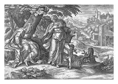 Téléchargez les photos : Elie et la veuve de Sarefat, Jan Snellinck, 1643 Le prophète Elie s'adresse à une femme avec un enfant juste à l'extérieur d'un village ; il lui demande de lui faire à manger. - en image libre de droit