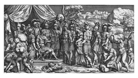 Téléchargez les photos : Générosité de Scipion, Pietro Sante Bartoli, d'après Giulio Romano, 1645-1700 Scipion est assis sur son trône sous une toile et entouré de soldats. Une belle jeune fille lui est présentée. - en image libre de droit