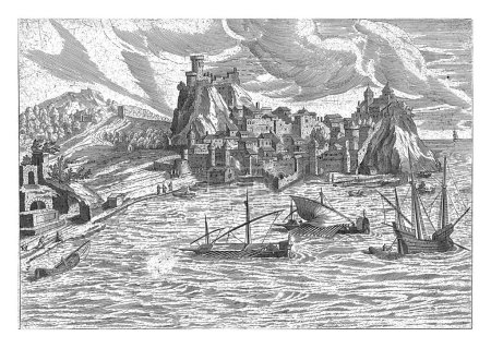 Foto de Vista del Puerto de Corfú, Hendrick van Cleve, 1585 Vista del Puerto de Corfú. Algunas naves en primer plano. La impresión es parte de una serie que representa varios lugares del Mediterráneo. - Imagen libre de derechos