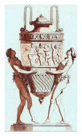 Téléchargez les photos : Vase aux femmes et frise, L. Laurent, d'après Jean François Quarante, 1775-1785 Un vase décoré avec des poignées et une frise avec putti porté par deux. - en image libre de droit