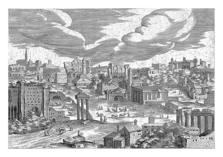 Foto de Vista de las ruinas del Forum Boarium, Hendrick van Cleve, 1585 Vista de las ruinas del Forum Boarium, el foro más antiguo de Roma. Algunos excursionistas en primer plano. - Imagen libre de derechos