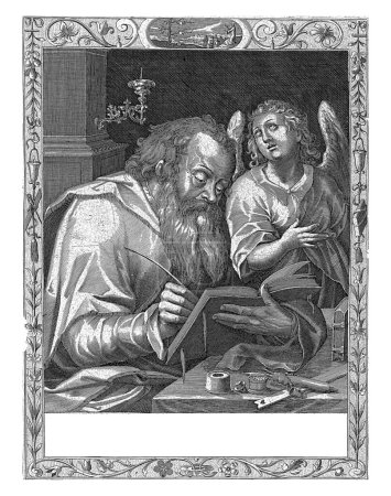Foto de Natividad de Cristo, Jerónimo Wierix, después de Maerten de Vos, 1585 Dos ángeles se arrodillan en adoración ante el Niño Cristo acostado en su pesebre. - Imagen libre de derechos