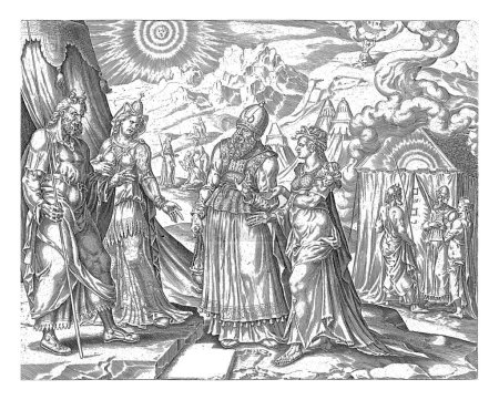 Foto de La autoridad de Moisés disputada por Mirjam y Aarón, Harmen Jansz Muller, después de Maarten van Heemskerck, 1564 - 1568 Aaron y Mirjam se presentan ante Moisés y su esposa nubia. - Imagen libre de derechos