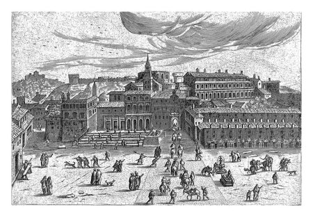 Foto de Vista de la Iglesia de San Pedro, Hendrick van Cleve, 1585 Vista de la antigua Iglesia de San Pedro en Roma. En primer plano la plaza con muchos caminantes. - Imagen libre de derechos