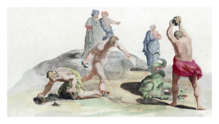 Photo for Three men stone a dragon, anonymous, 1688 - 1698 Three men stone a dragon, while three clothed men look on. - Royalty Free Image
