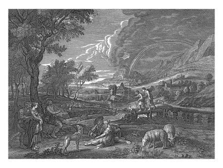 Téléchargez les photos : Tobias et l'ange dans un paysage avec arc-en-ciel et bergers, anonymes, d'après Schelte Adamsz. Bolswert, d'après Peter Paul Rubens, 1630 - 1702 Tobias et l'ange traversent un pont. - en image libre de droit