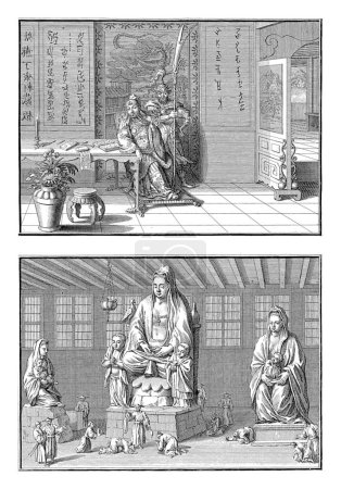 Foto de Quantekong como primer emperador de China / La diosa Quonin, Bernard Picart (taller de), después de Bernard Picart, 1726 Hoja con dos representaciones de dioses chinos. - Imagen libre de derechos