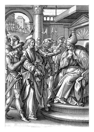 Foto de Cristo ante Caifás, Antonie Wierix (II), después de Maerten de Vos, 1583 - 1587 Los soldados toman a Cristo por el brazo. Cristo es juzgado por Caifás. - Imagen libre de derechos