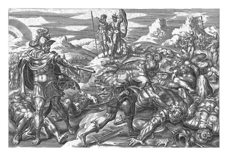 Foto de Treinta y un reyes derrotados por Josué, Harmen Jansz Muller, después de Gerard van Groeningen, 1579 - 1585 Josué se encuentra a la izquierda en un paisaje y señala a los 31 reyes en el suelo. - Imagen libre de derechos