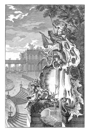 Téléchargez les photos : Fontaine avec l'homme avec le personnel, Georg Sigmund Rasch, d'après François de Cuvillies (Sr.), 1745 Une fontaine avec un homme assis avec coiffure et le personnel. - en image libre de droit