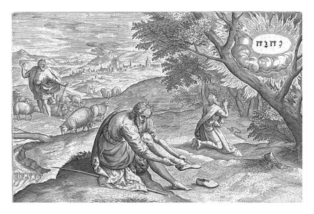 Téléchargez les photos : Dieu apparaît à Moïse dans le buisson ardent, Johann Sadeler (I), d'après Marten van Cleve (I), 1639 Au premier plan, Moïse enlève ses chaussures. - en image libre de droit