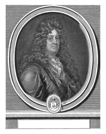 Photo for Portrait of Jean Racine, Gerard Edelinck, 1666 - 1707 Portrait of the French playwright Jean Racine (1639-1699), depicted in an oval frame with coat of arms. - Royalty Free Image