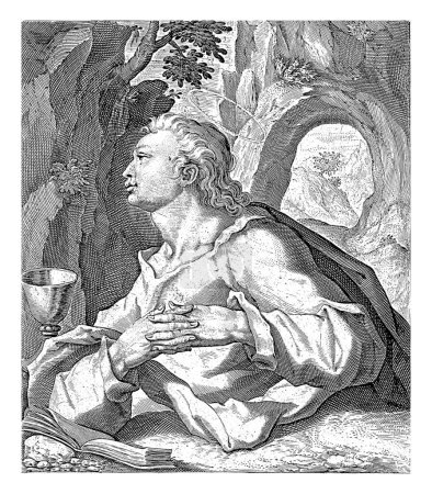 Téléchargez les photos : Apôtre Jean, Crispijn van de Passe (I), 1594 Buste de l'apôtre Jean, livre ouvert et calice pour lui. Il est dans une grotte. En marge une légende en latin. - en image libre de droit