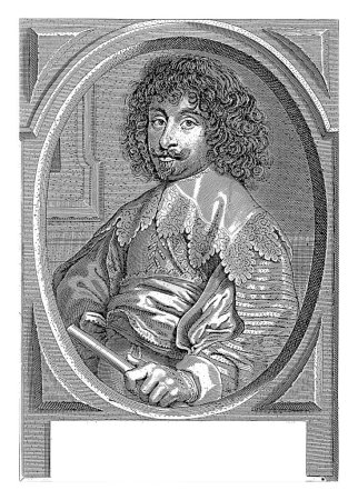 Téléchargez les photos : Portrait de Charles Albert de Longueval, comte de Bucquoy. Dans sa main gauche, il tient un état-major. Le portrait est placé dans un cadre ovale avec bordure carrée. - en image libre de droit