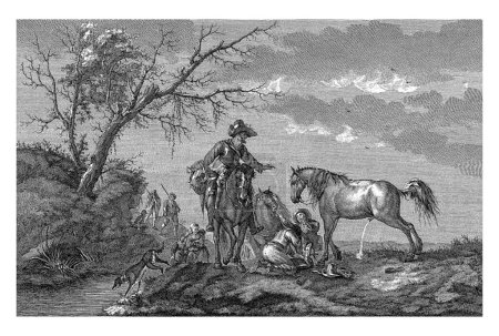 Landscape with traveling company and urinating horse, Michel Picquenot, after Philips Wouwerman, 1757 - 1814
