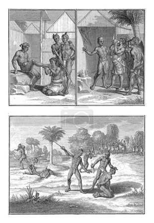 Foto de Costumbres de los habitantes de Guinea, Bernard Picart (taller de), después de Bernard Picart, 1727 Hoja con cuatro representaciones de las costumbres de los habitantes de Guinea. - Imagen libre de derechos
