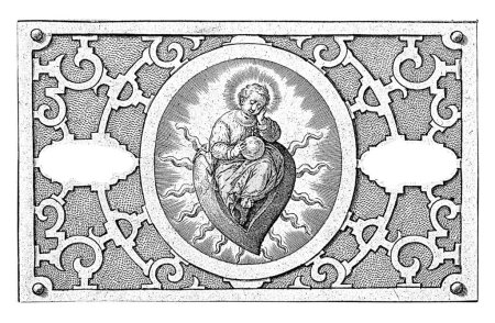 Foto de Dormir a Cristo Niño en un corazón en llamas, Hieronymus Wierix, 1563 - antes de 1619 El niño dormido Cristo se sienta en un corazón en llamas, rodeado de rayos de luz. - Imagen libre de derechos