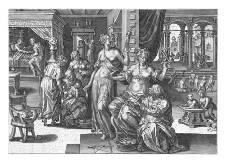 Foto de Nacimiento, Pieter Jalhea Furnius, después de Jan van der Straet, 1570 Las tres diosas Lachesis, Atropos y Clotho sentarse en una habitación y girar el hilo de la vida. - Imagen libre de derechos
