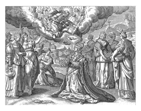 Photo for Christ Giving His Blood to His Bride, Johann Sadeler (I), after Maerten de Vos, 1643 The Bride of Christ (the Church), Kneeling and Looking up at the Appearance of Christ in a Cloud. - Royalty Free Image