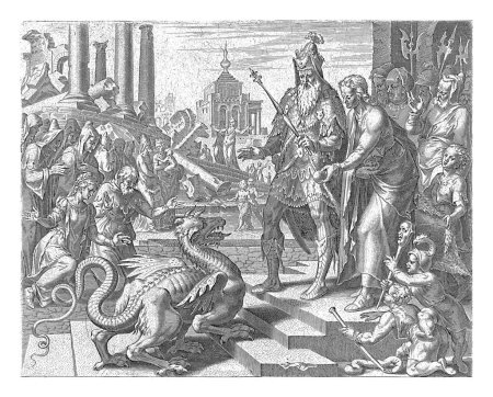 Téléchargez les photos : Daniel nourrit le dragon, Philips Galle, d'après Maarten van Heemskerck, 1601-1633 Le roi Cyrus demande à Daniel d'honorer le dragon en tant que divinité. - en image libre de droit