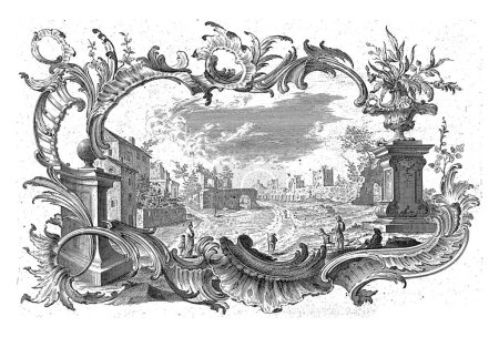 Téléchargez les photos : Ruines dans un cartouche en rocaille, Emanuel Eichel, d'après Franz Xaver Habermann, 1731 - 1775 Figures dans un paysage en ruine dans un cadre en rocaille. - en image libre de droit