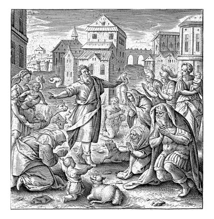 Téléchargez les photos : Jonas prêchant à Ninive, Antonie Wierix (II), d'après Maerten de Vos, 1579 - avant 1611 Jonas prêche à Ninive, comme Dieu lui avait ordonné, au milieu des auditeurs. - en image libre de droit