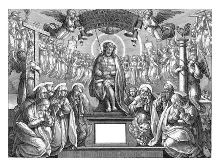 Foto de Hombre de dolores, Adriaen Collaert, después de Jan van der Straet, 1570 - 1618 Cristo, con las manos atadas, se sienta en una columna con la corona de espinas en la cabeza. A su alrededor arrodillan a los cuatro evangelistas. - Imagen libre de derechos