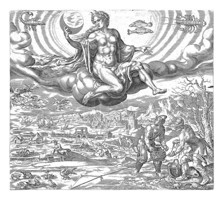 Foto de Temperamento flemático, Harmen Jansz Muller, después de Maarten van Heemskerck, 1566 Luna, la luna, se sienta en una nube y sostiene la luna creciente en su mano. - Imagen libre de derechos