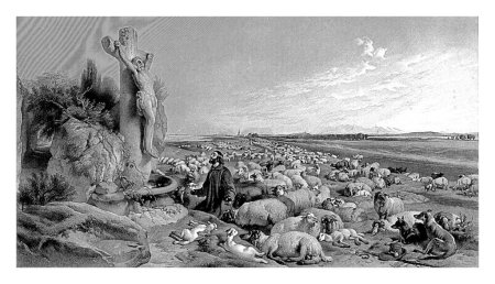 Téléchargez les photos : La prière du berger. D'après Sir Edwin Landseer, avec les adresses de Grues et Knoedler, Thomas Lewis Atkinson, d'après Edwin Henry Landseer (Sir), 1827 - 1889 - en image libre de droit