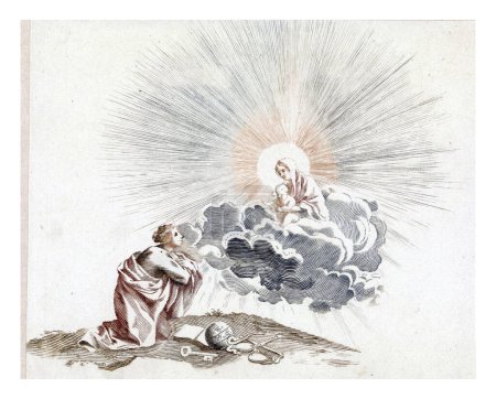 Foto de Una mujer ora a María con Cristo Niño, anónimo, 1688 - 1698 Una mujer se arrodilla y reza a María, que aparece en las nubes con Cristo niño. - Imagen libre de derechos