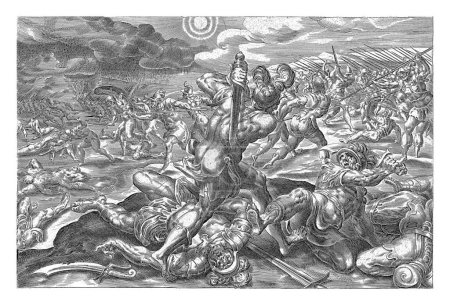 Téléchargez les photos : Bataille de Gabaon, Harmen Jansz Muller, d'après Gérard van Groeningen, 1579-1585 Les Israélites combattent les armées de cinq rois Amorites. - en image libre de droit