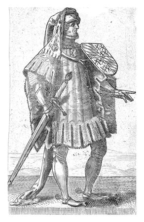 Foto de Retrato de Jan van Beieren, Adriaen Matham, 1620 Retrato de Jan van Beieren, conde de Holanda y Zelanda, de pie a la derecha con un escudo de armas en el hombro y una espada en la mano. - Imagen libre de derechos