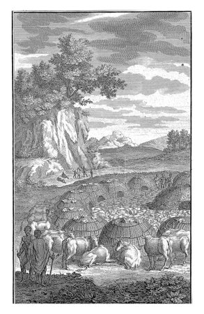 Téléchargez les photos : Khoi à un corral avec leurs bovins, Jan Caspar Philips, 1727 Paysage montagneux avec Khoi élevant leurs moutons et leurs bovins ensemble dans la clairière au milieu de leur village. - en image libre de droit