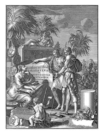 Foto de Tres figuras de la Palestina bíblica, Jan Goeree, 1714 Dos pastores palestinos hablan con una mujer sentada. Alrededor de las ruinas clásicas. - Imagen libre de derechos