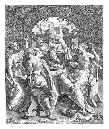 The Five Foolish Virgins Feast, Crispijn van de Passe (I), after Maerten de Vos, 1589 - 1611 The five foolish virgins sit around a table under a pergola.