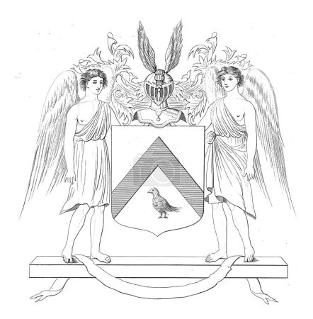 Foto de Escudo de armas de Nicolaas Warin, Abraham Lion Zeelander, 1815 - 1856 Un escudo de armas flanqueado por ángeles y coronado con un casco alado. - Imagen libre de derechos