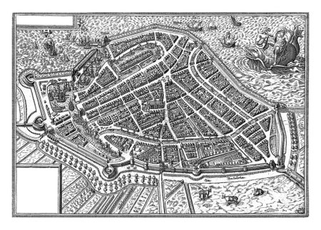 Téléchargez les photos : Carte de Hoorn, Paulus van Wtewael, 1596 Carte de la ville fortifiée de Hoorn, vue d'un oeil d'oiseau. Au fond vaches et chevaux dans la prairie. - en image libre de droit