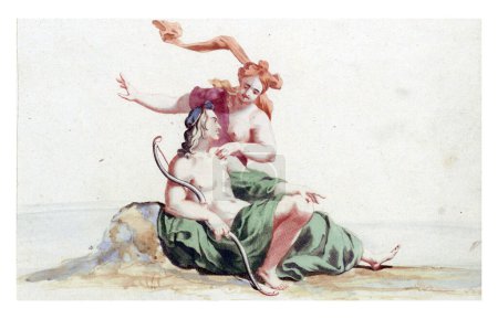 Foto de Venus y Adonis, anónimos, 1688 - 1698 Una mujer toca a un hombre sentado, se inclina en su mano, y le dice algo. Probablemente es Venus, que quiere detener a su amado Adonis de ir a cazar.. - Imagen libre de derechos